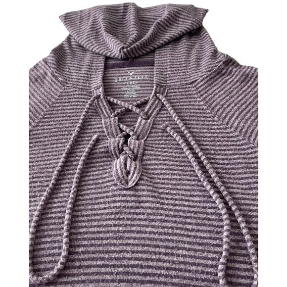 AMERICAN EAGLE OUTFITTERS LONG SLV HOODIE, WOMENS, S-PURPLE/GREY STRIPE-DRAWCORD - Picture 2 of 11